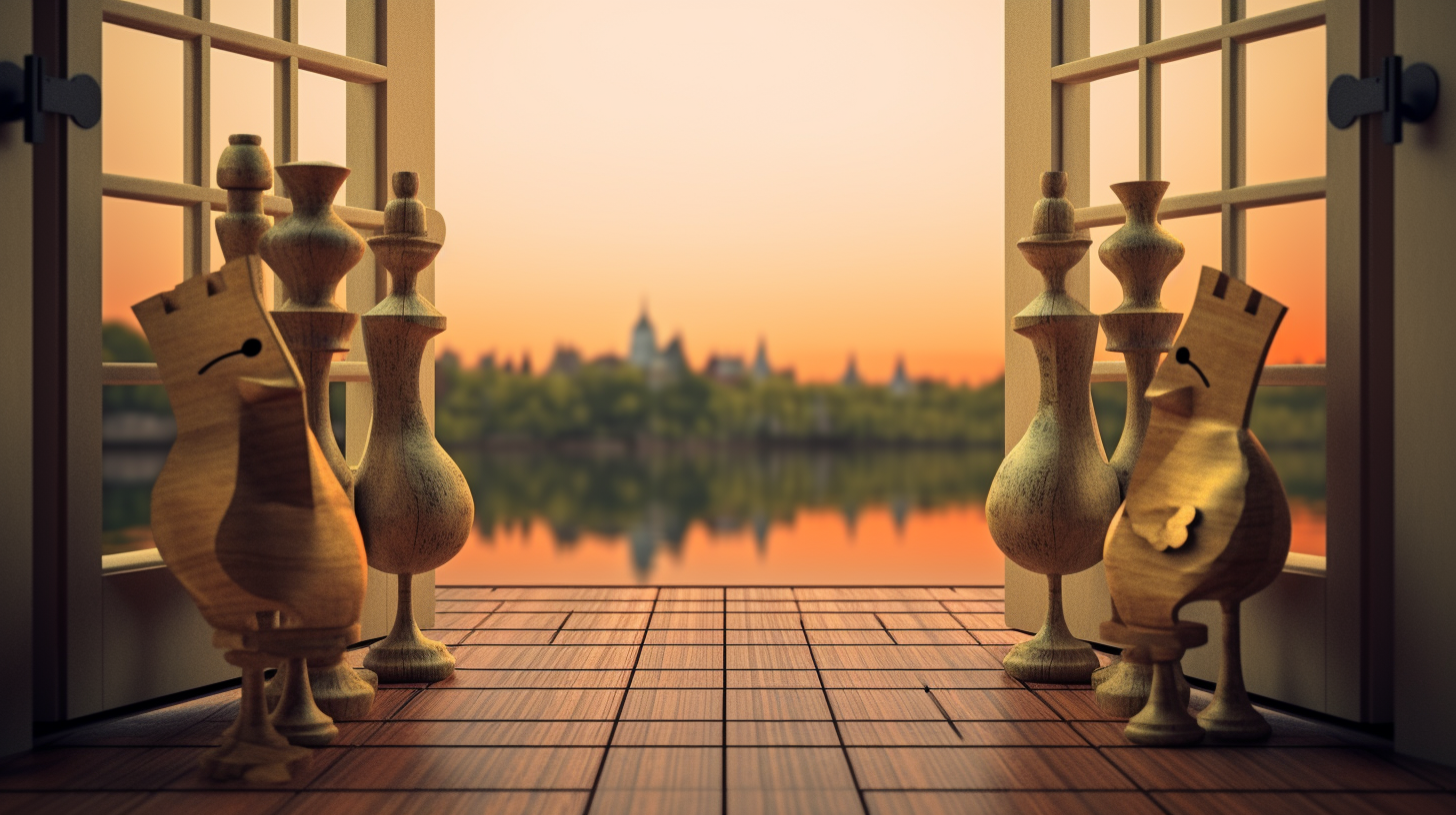 Chess Pieces Admiring Sunset And Exploring Opening Possibilities Through French Doors
